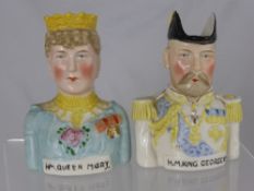 Two commemorative jugs depicting King George V and Queen Mary, approx. 15 cms.