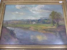 Oil on canvas depicting a river scene, signed C H Cox 1888, gilt framed, approx. 76 x 50 cms.