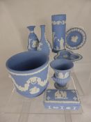 Collection of misc. Wedgwood  blue jasper ware incl ashtrays, bud vases, bowl, trinket box etc.