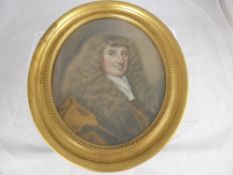 Two Oval Water Colours depicting 17th century gentlemen in oval gilded frames, 19 x 24 cms.