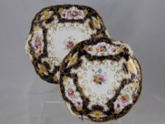 Six Hand Painted Antique Plates, floral sprays and gilded scroll pattern decoration on cobalt