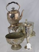 Miscellaneous Silver Plate including a Walker & Hall Spirit Kettle and stand, a decorative rose