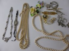 Collection of misc costume jewellery, including pearls, porcelain flower brooches, marcasite