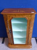 Edwardian inlaid rosewood pier cabinet, the shaped glass door enclosing three shelves, the top and