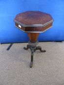 Edwardian mahogany octagonal work table, the lift up lid revealing various compartments with sundry