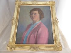 Original pastel on board portrait of a lady, in an ornate white and gilt frame, approx. 48 x 59