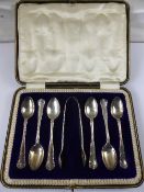 Set of Solid Silver Teaspoons and Sugar Tongs, Sheffield hallmark, m.m JR in original presentation