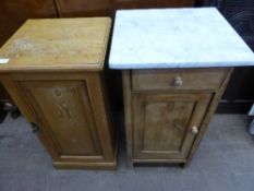 Two vintage pine bedside cabinets, one being marble topped, approx. 42 x 39 x 81 cms. the other