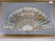 Antique 19th Century Wedding Fan, the fan hand painted with figures seated in garden, ivory sticks