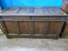 Antique oak panelled chest on straight feet, approx. 70 x 142 x 62 cms.