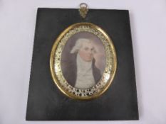 Antique miniature portrait behind a gilded dome glass depicting an 18th century gentleman, 9.5 x 8