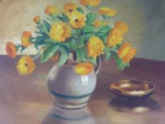 John Higlett, Original on Board, Still Life of Calendula, approx 50 x 39cms, framed.