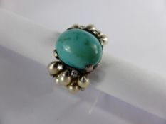 Antique Indian Silver Turquoise, Pearl and Diamond Dress Ring, turquoise 15 x 13 mm, diamonds 10 x