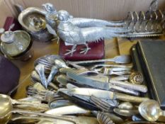 Miscellaneous Silver Plate, including two white metal pheasants, fruit knives, cake forks, sugar