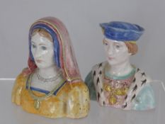 Two French Faience ceramic busts depicting King Charles VIII and Anne de Bretagne.