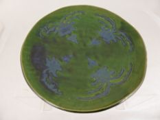 Ceramic studio pottery bowl, green ground with blue decoration, impressed marks to base S C & W M,