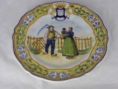 An circa 19th century Earthenware Faience Charger depicting a homecoming with a heraldic shield to