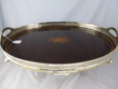 Silver Plated Oval Tray, the wood base with inlaid foliate design and inlaid outer border on four