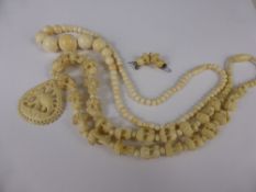 Vintage Ivory Bead Necklace, approx 45 cms together with another necklace carved with elephants and