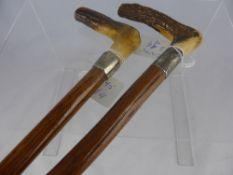 Two Fruit wood Walking Canes, with antler handles one with silver collar and the other silver