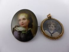 An antique hand painted miniature on porcelain depicting a young boy, 3.5 x 3 cms .together with a