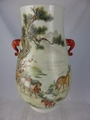 Hand painted Chinese Vase depicting horses, stylised handles, Artist signature to base, dated 1962