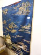Blue Antique Chinese Silk Wall Panel, embroidered with gold thread, depicting temples amongst cloud