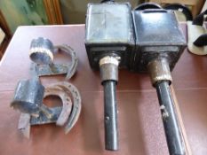 A pair of vintage coach lamps being black painted with horseshoe wall mountings (2)