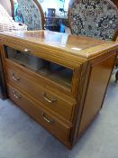 Oriental Fruitwood Television Cabinet, two drawers and a pull down glass front drawer to the top.