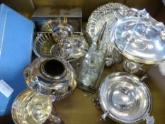 A misc. collection of silver plate incl. Mappin & Webb ice bucket, muffin dish, two card trays,