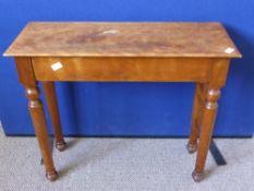 A small mahogany hall table on turned legs, approx. 84 x 30 x 73 cms.