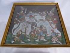 A set of four Cambodian paintings on silk depicting warriors in chariots, warriors on elephants and