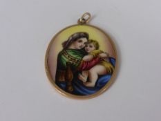 Antique Oval Porcelain and Gold Pendant, the hand painted pendant depicting mother and child, with