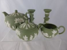 A Quantity of Wedgwood including Two Candle Sticks, Bon Bon Dish, Tea Pot, Milk Jug, Creamer and a