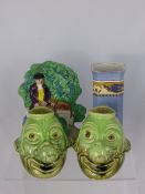 Pair of Old London Ware Artichoke Jugs, marks to base together with a Thomas Ford vase, blue ground