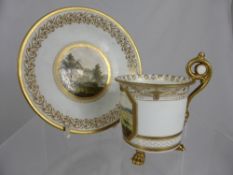 A Swansea Cabinet Cup and Saucer, the cup has a scroll handle and raised on three claw feet painted