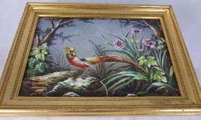 A Hand Painted Porcelain Plaque depicting an oriental golden pheasant amongst the undergrowth