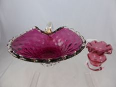 Early 20th Century Hand Blown Cranberry Glass Bon Bon Dish with crystal frilled edging and applied