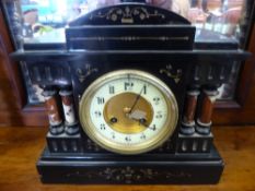 Victorian Slate Mantle Clock, with rose marble pillars to either side of the enamel face with Roman