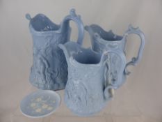 Three graduated Cork & Edge mosaic jugs together with a Copeland Spode trinket dish, a porcelain