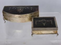 A Sterling Silver Trinket Box with Tortoiseshell Lid, inlaid with Sterling Silver swags and beaded