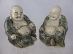 Two late 19th Century Porcelain Buddha, character marks to base, hand painted with flowers.