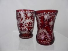 Two Bohemian Glass Tumblers, etched with Wisteria.