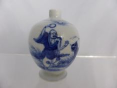 Blue and White Miniature Chinese Jar, depicting a man taming a tiger, Artemis leaf to base.