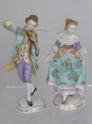 A pair of Sitzendorf Porcelain Figures, depicting a violinist and a young lady dancing, factory