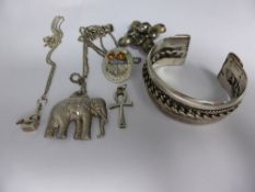 Collection of Silver and Silver Metal Jewellery, including a bracelet, Indian Elephant Pendant,