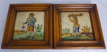 Two Ceramic Wall Tiles depicting two Farm Characters presented in wooden frames     14 x 14 cms.
