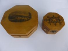 Two Mauchlin boxes / cotton reel holders, one having a central cartouche depicting ""Burns