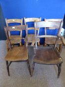 Five vintage kitchen chairs including one carver, they being a mix of elm, ash and oak, the chairs
