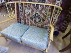 Vintage Oak `Ercol` Style Double Sofa and Arm Chair, plain spindle back, turned legs and simple